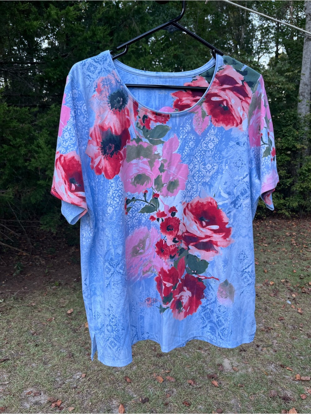 Allison Daley Blue Short Sleeve Floral Scoop Neck Top